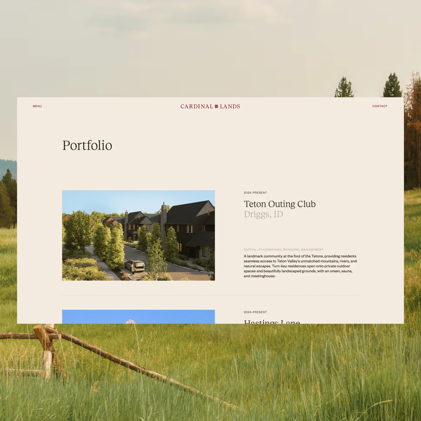 Cardinal Lands portfolio website over a grassy landscape.