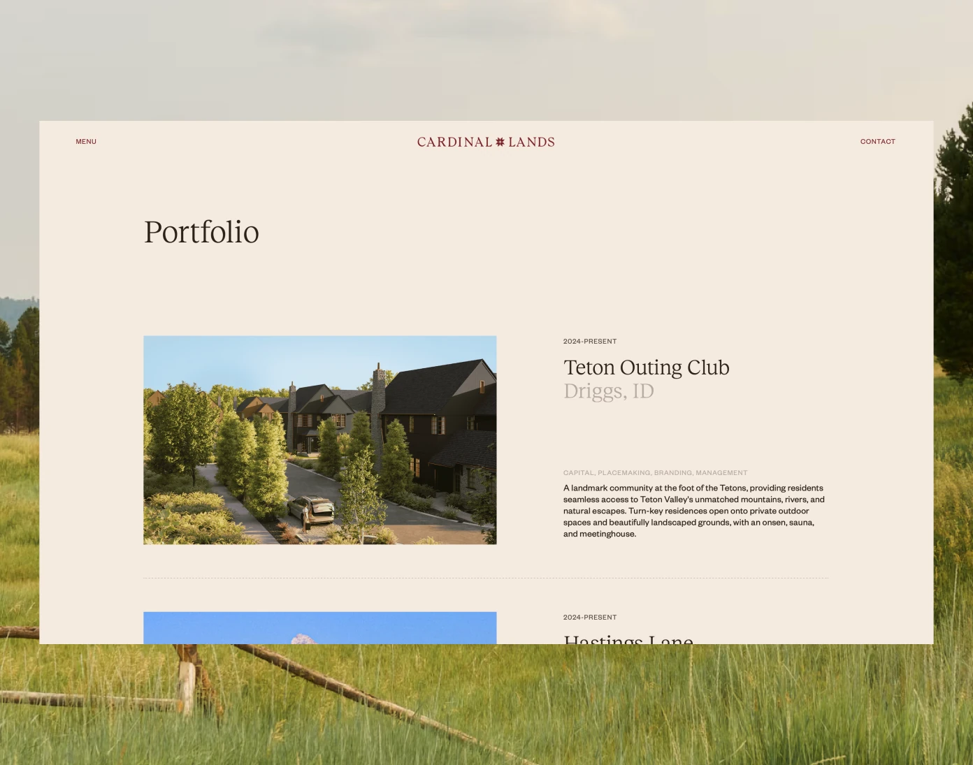 Cardinal Lands portfolio website featuring Teton Outing Club over a grassy landscape.