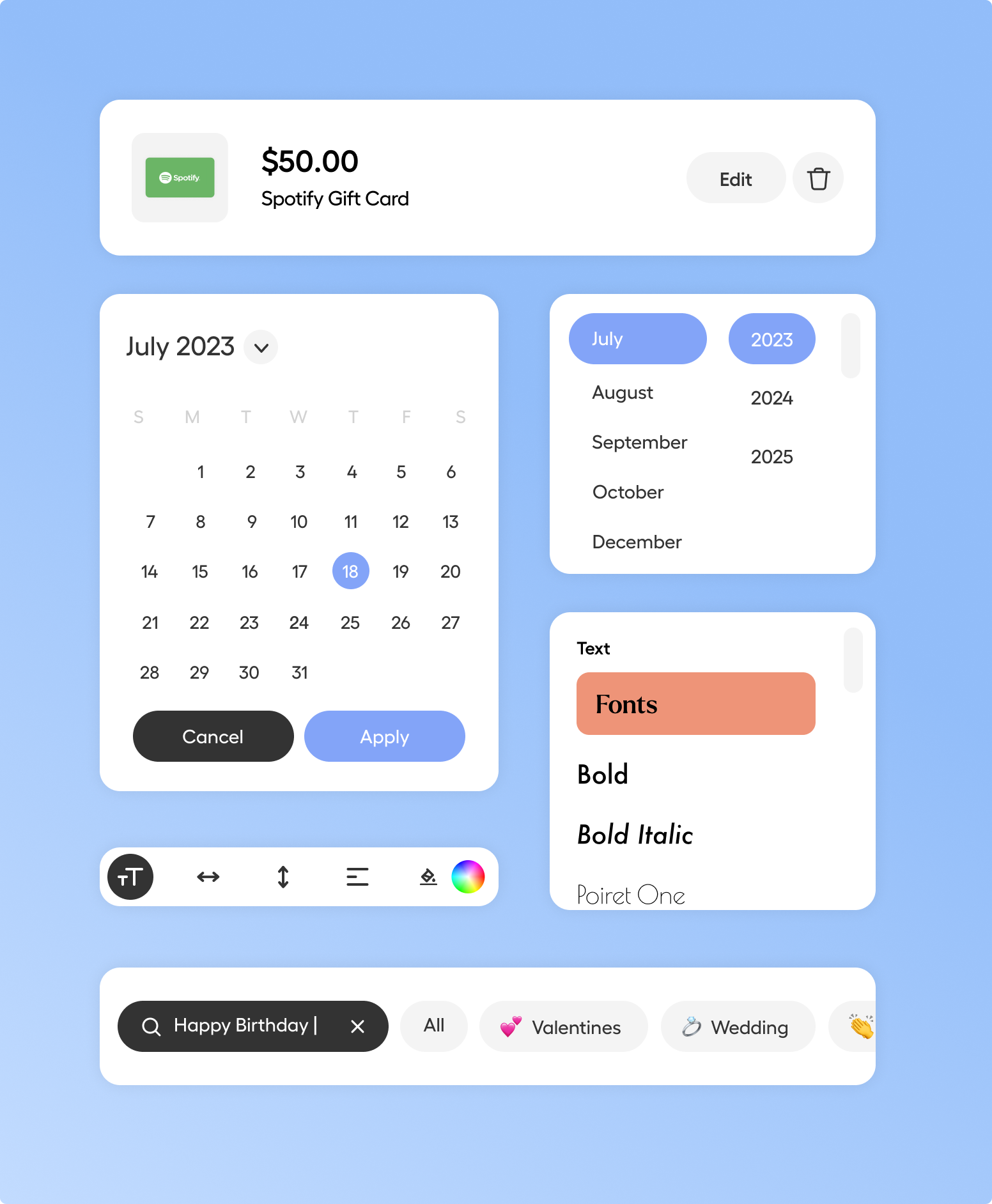 Givingli interface components including a gift card, calendar, typography controls, and search filters.