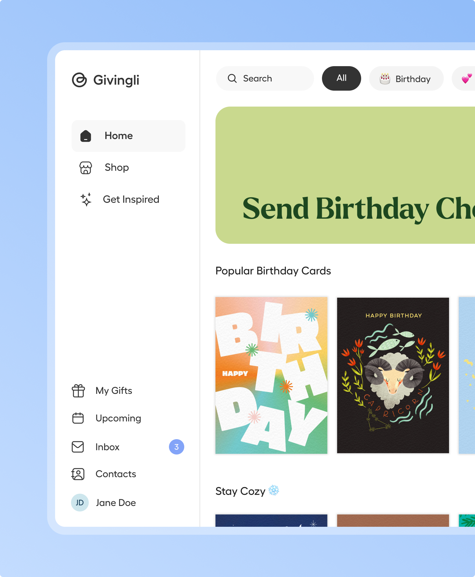 Givingli card browsing interface with navigation and birthday card collections on a blue background.