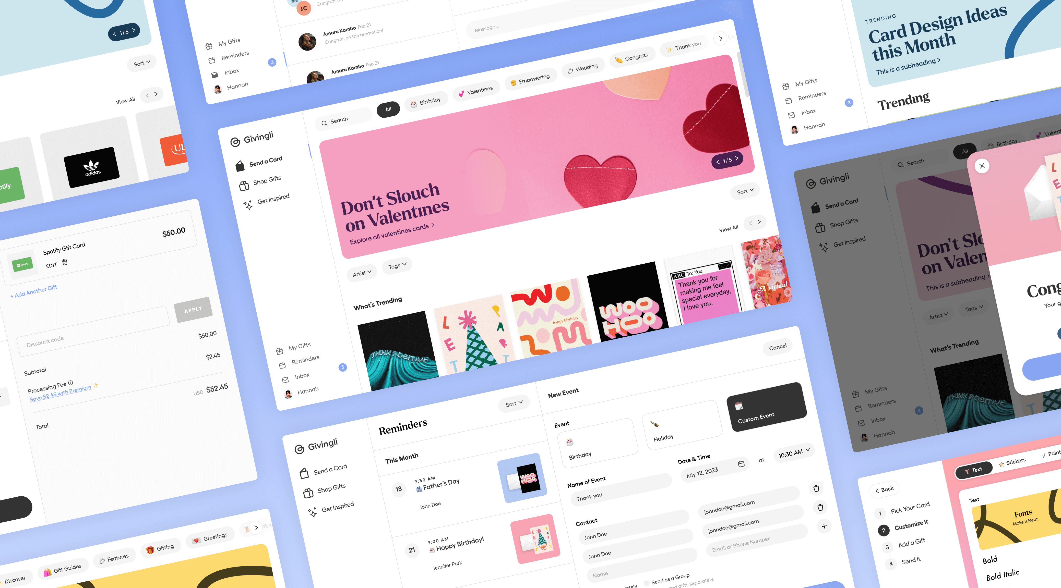 An angled overview of Givingli screens for browsing cards, gifting, reminders, and card customization.