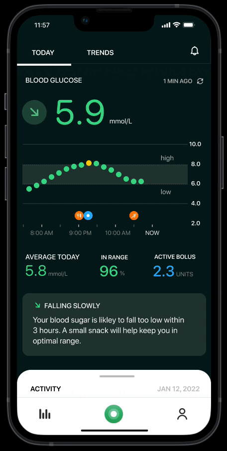 Animated Gluca demo showing glucose, meal, and insulin event logging.