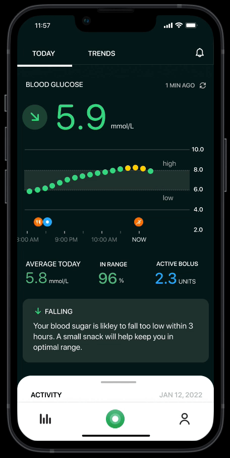 Animated Gluca demo showing glucose forecasting.