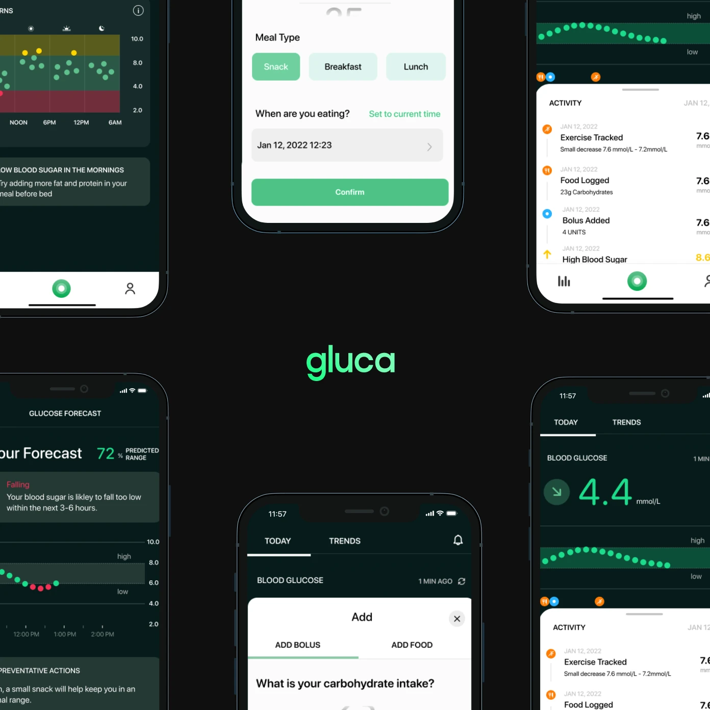 Gluca app screens for glucose trends, meal logging, live readings, and forecasting.