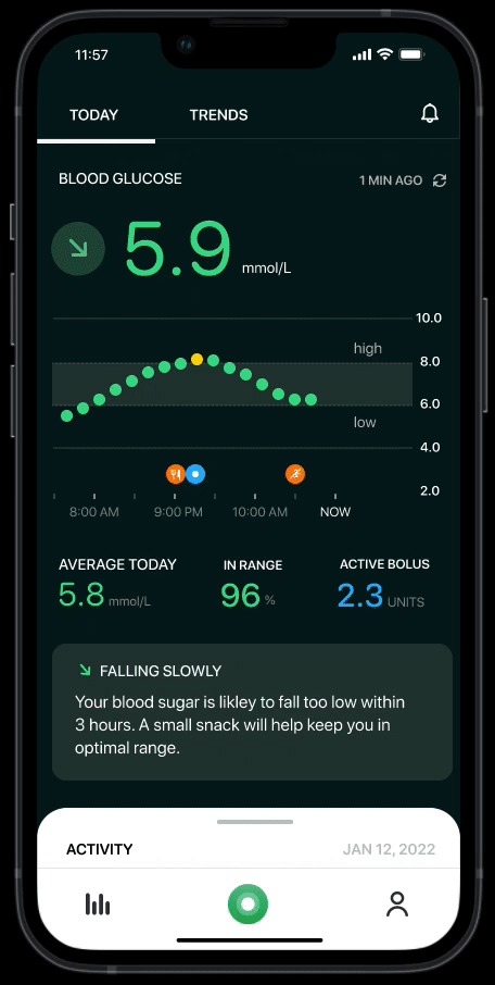 Animated Gluca demo showing glucose trends and time-in-range insights.