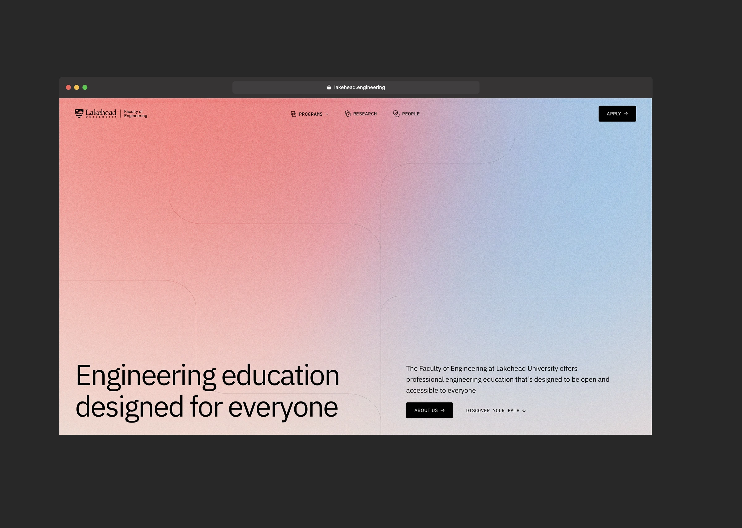 Lakehead University Faculty of Engineering homepage with a pink and blue gradient.