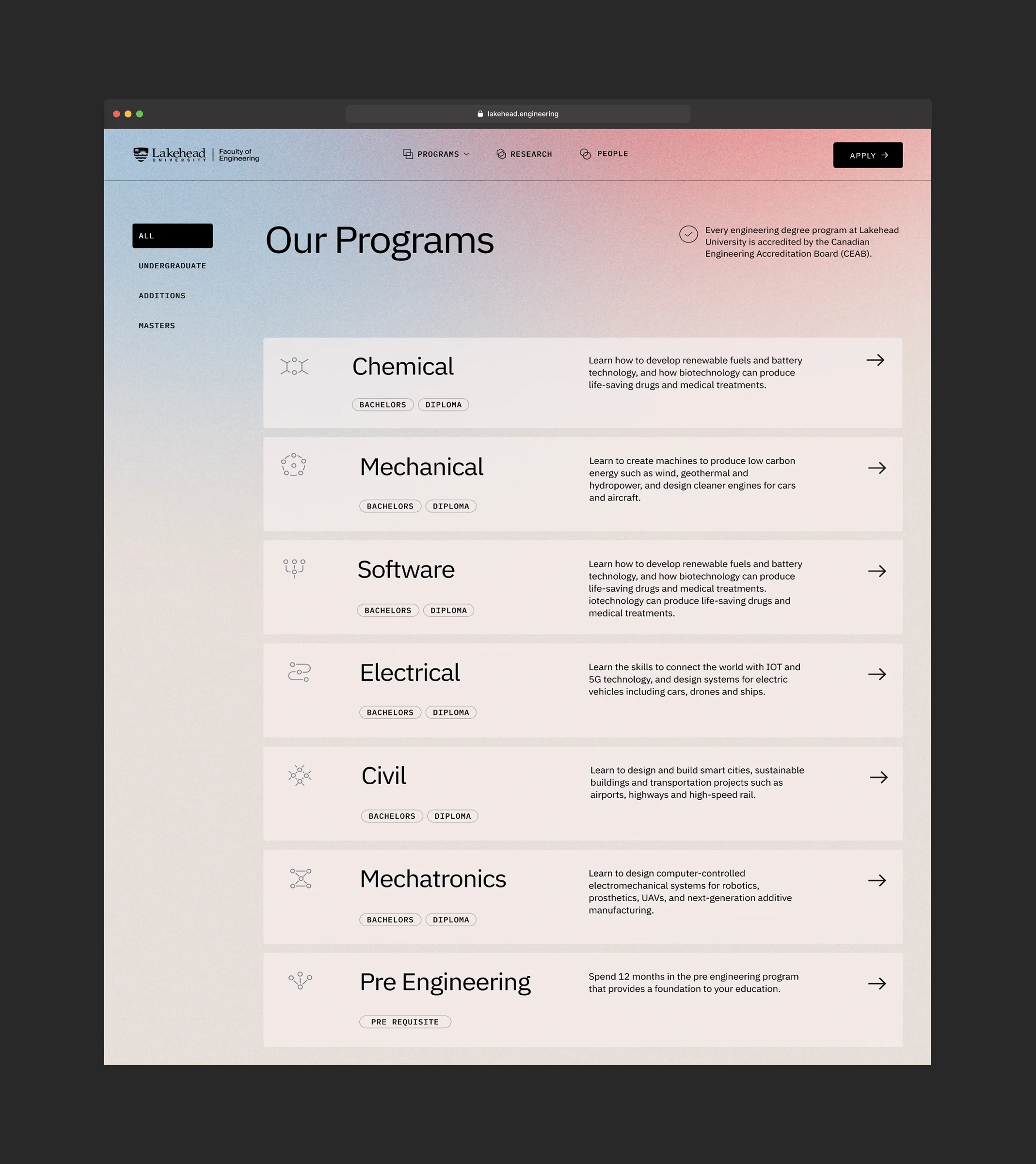 Lakehead University engineering programs directory.